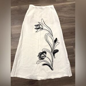 Zara White Linen Blend Embroidered Skirt